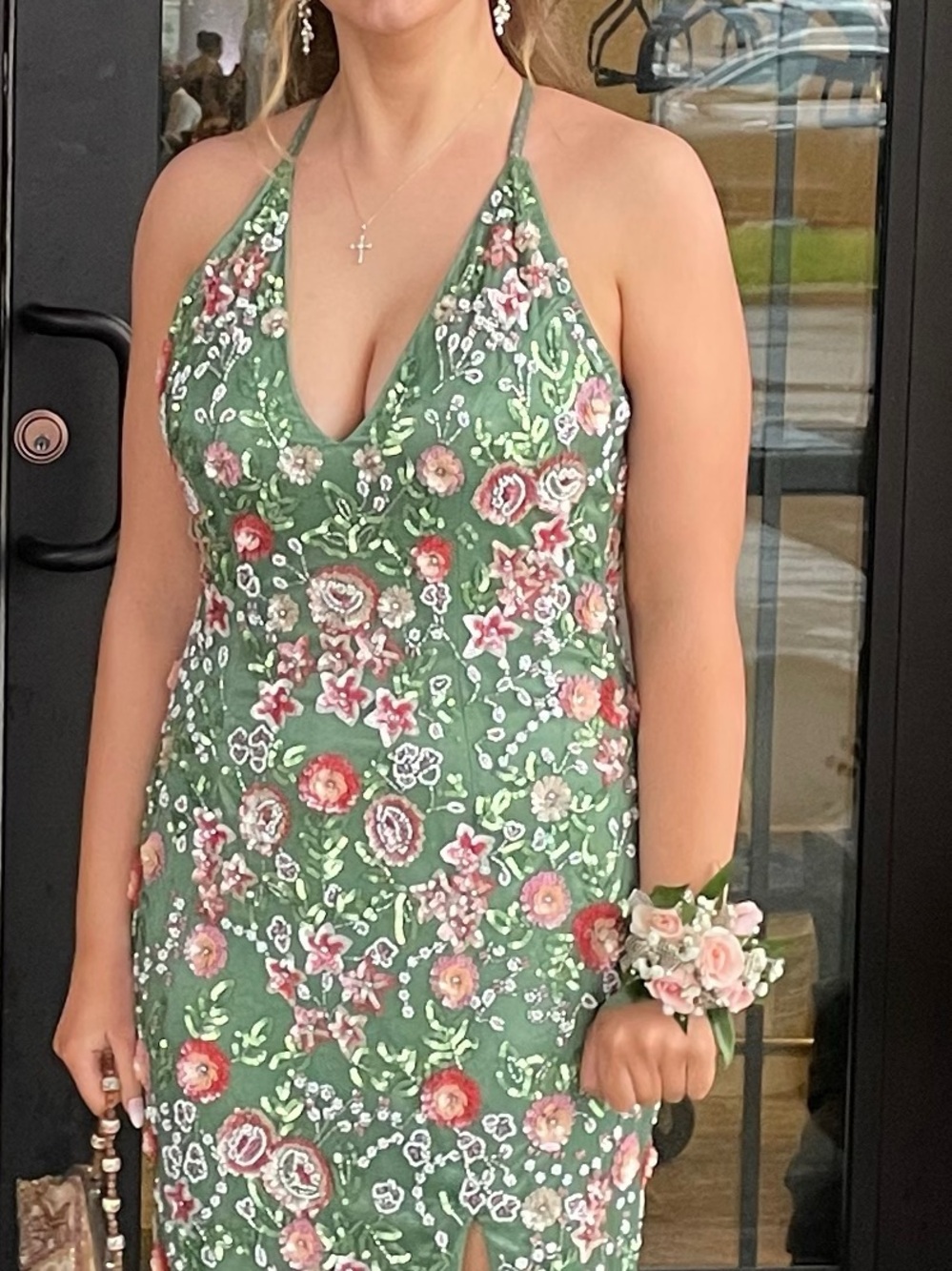 Primavera Couture Green Floral Beaded Halter Gown